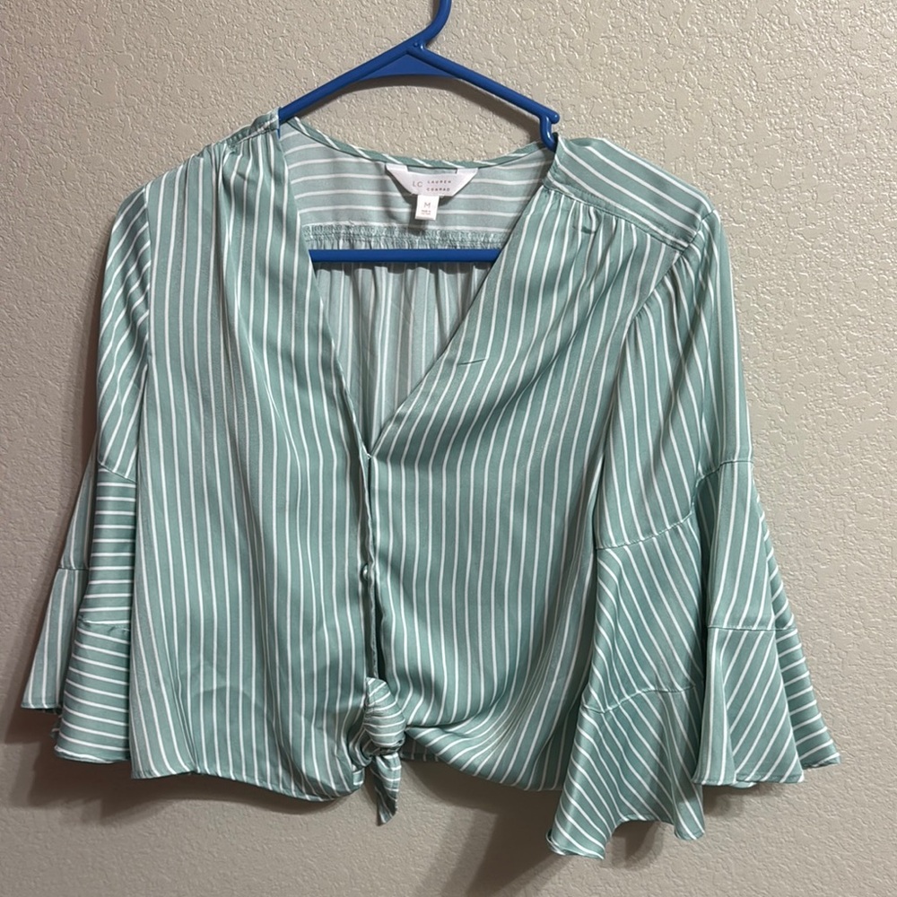 LC Lauren Conrad Green and White Bell Sleeve Crop Blouse